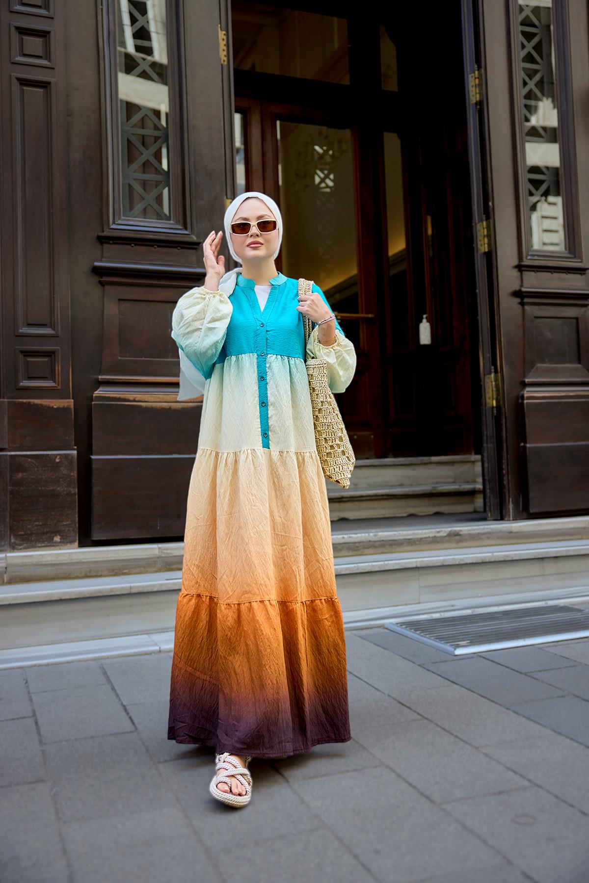 Renkli Batik Elbise Mavi