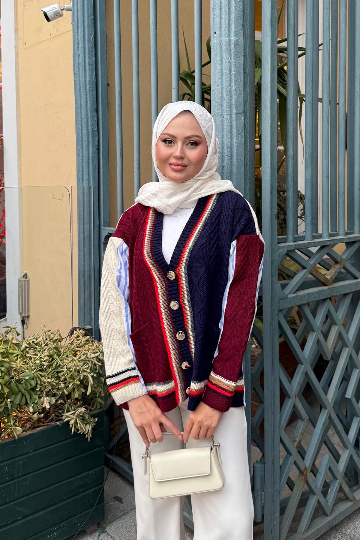 Renkli Örme Detay Hırka Bordo