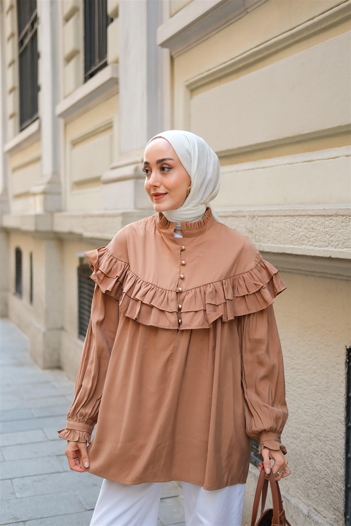 Robası Fırfırlı Cupra Tencel Gömlek Kahverengi