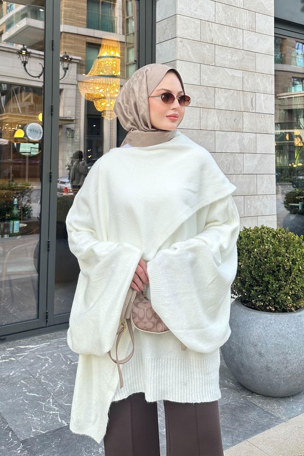 Şal Detaylı Kazak Beyaz