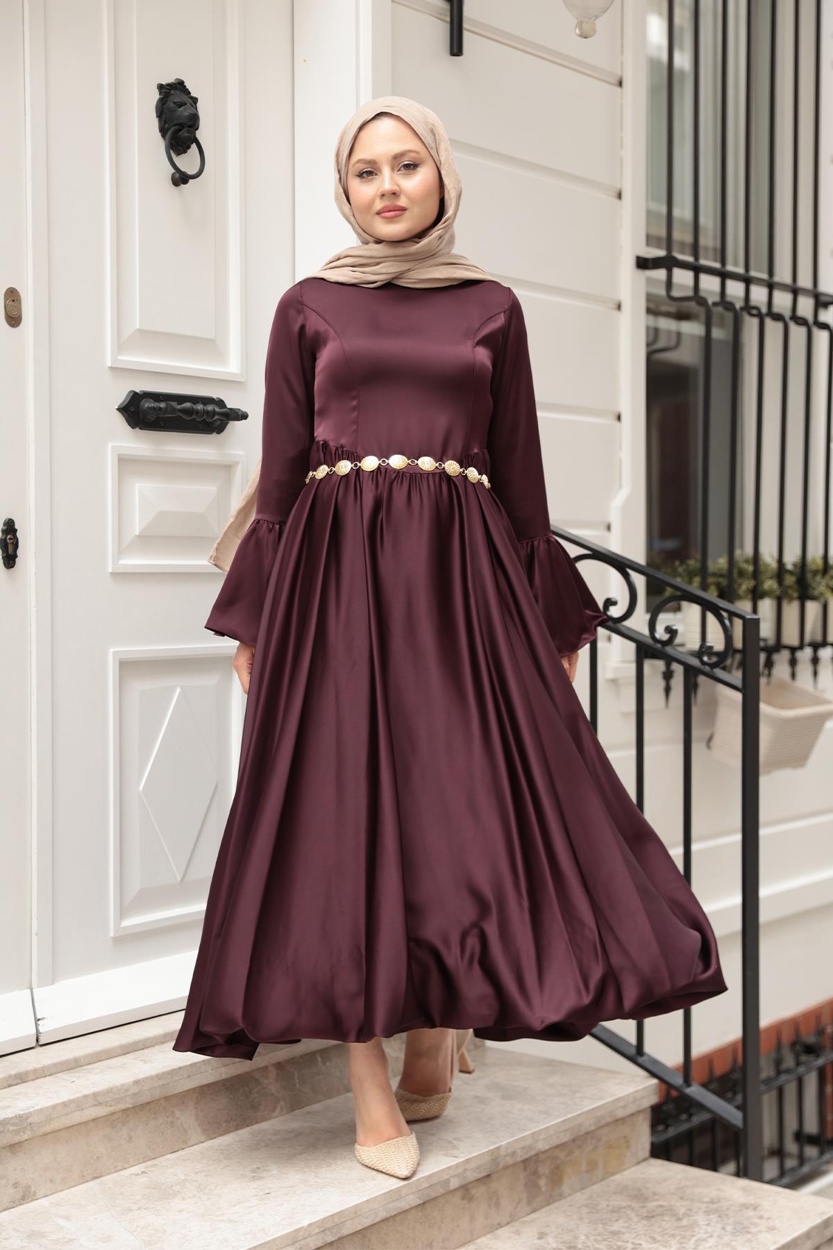 Saten Kiloş Etekli Elbise Mürdüm