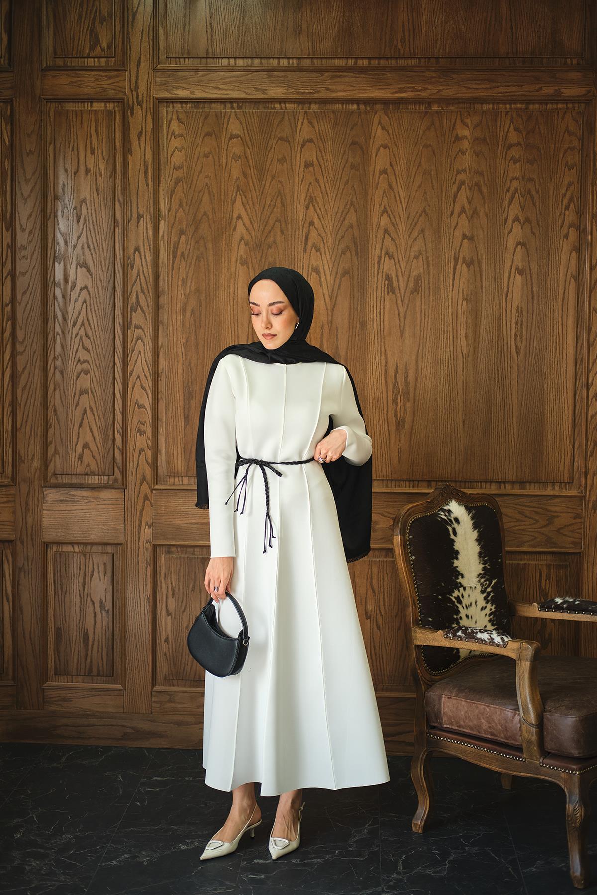 Scuba Puf Detay Elbise Beyaz