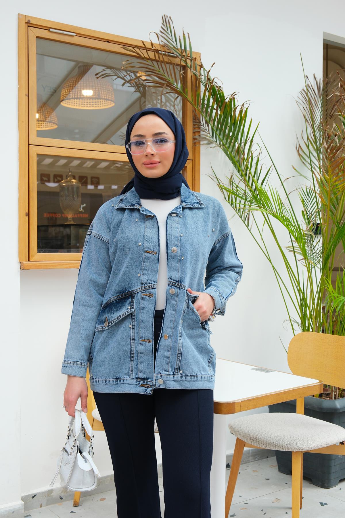 Serpme Taş Detay Kot Ceket Buz Mavi