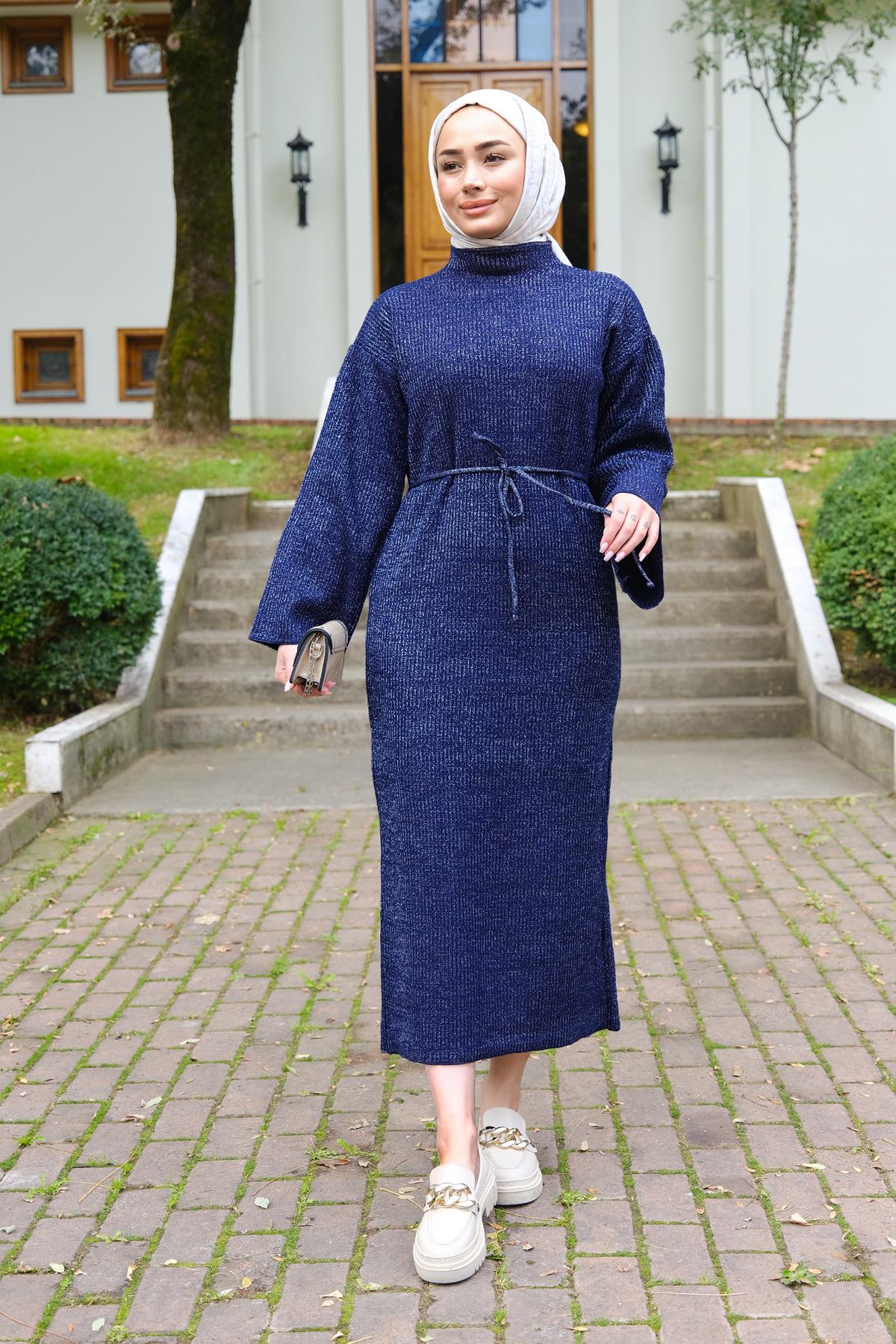 Sim Detay Bel Bağlamalı Elbise Lacivert