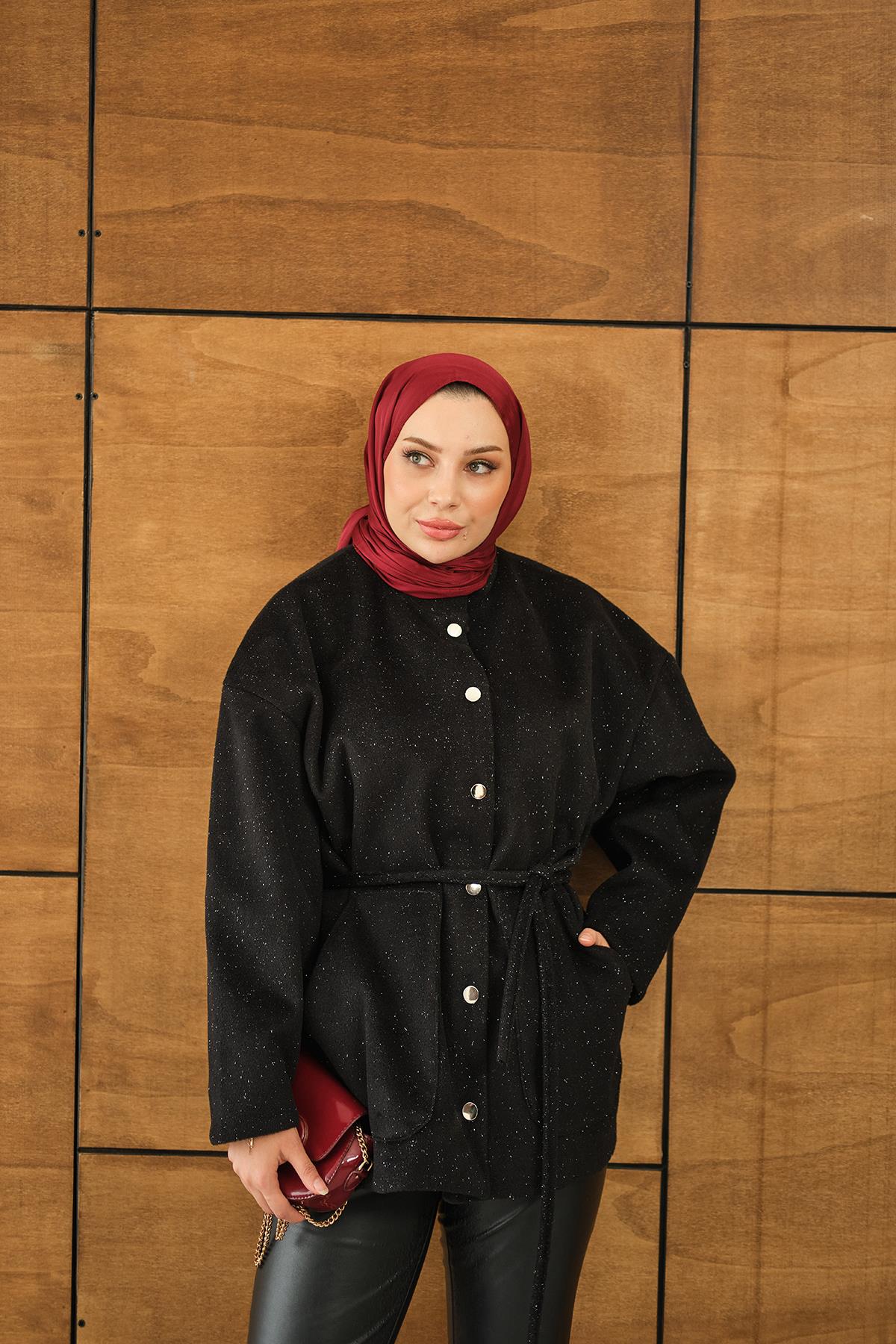 Simli Kaşe Çıtçıtlı Ceket Siyah