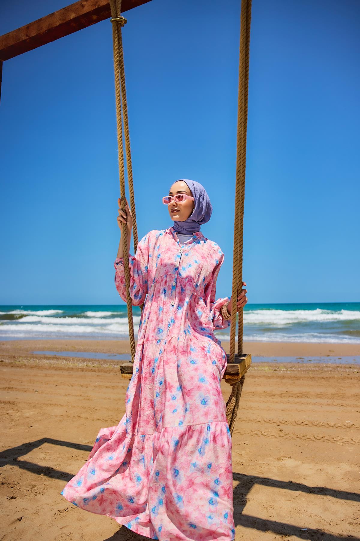 Sulu Boya Çicek Desen Elbise Pembe