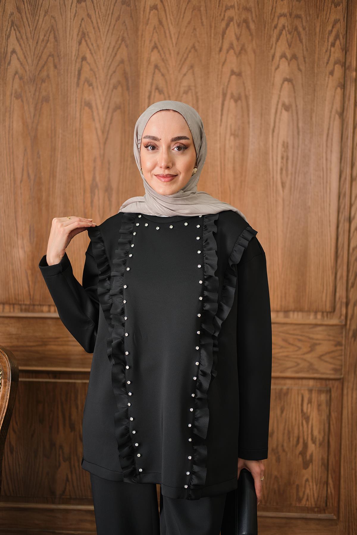 Taş Aksesuarlı Takım Siyah