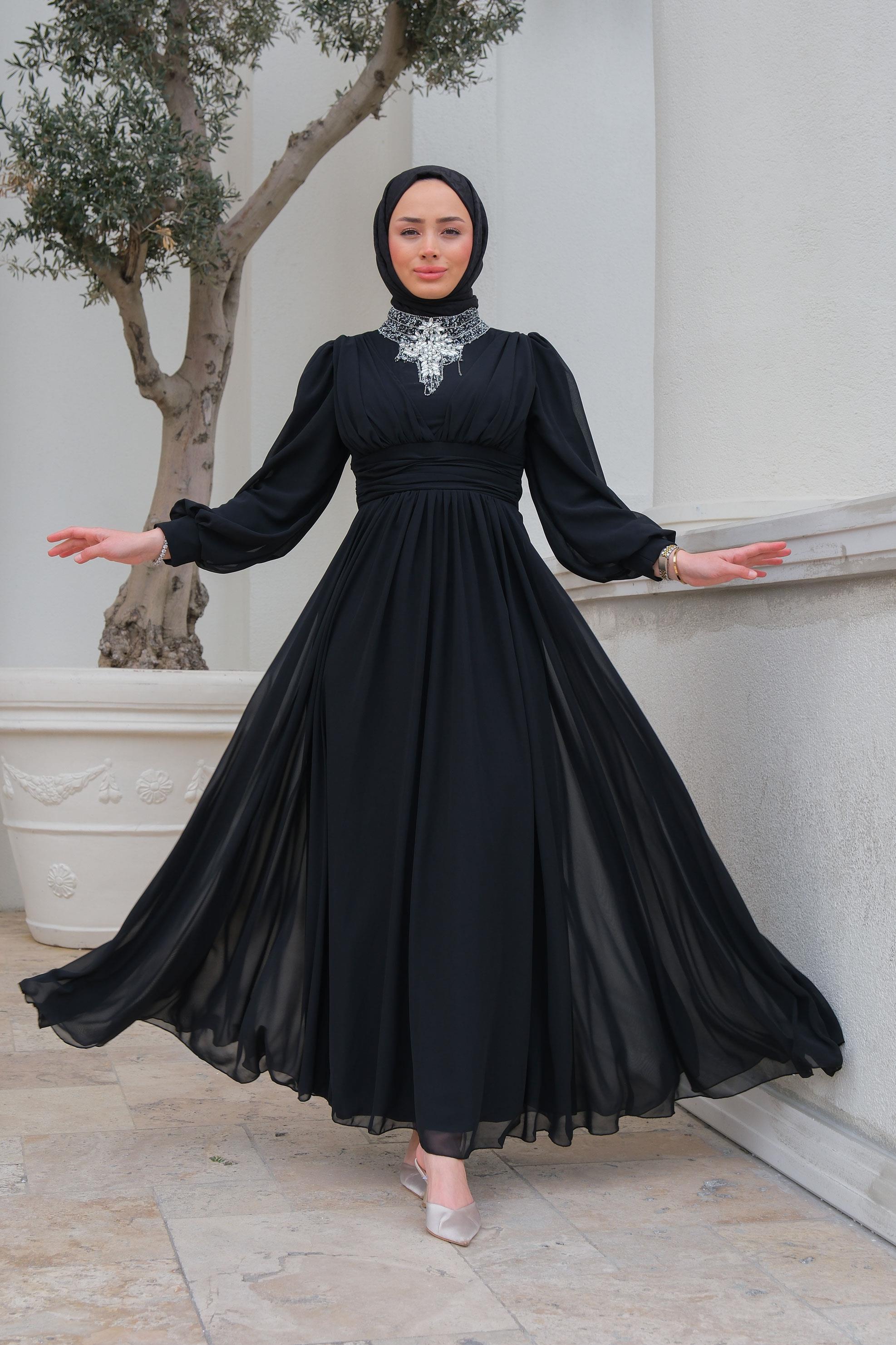 Taş Aksesuarlı Tul Abiye Siyah