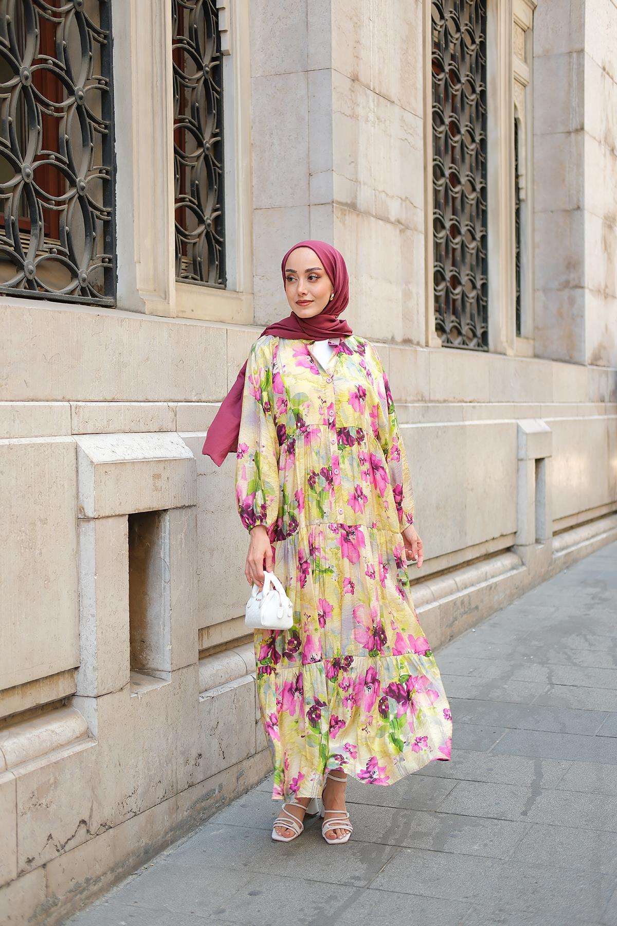 Tropikal Çicek Desen Elbise Yağ Yeşil