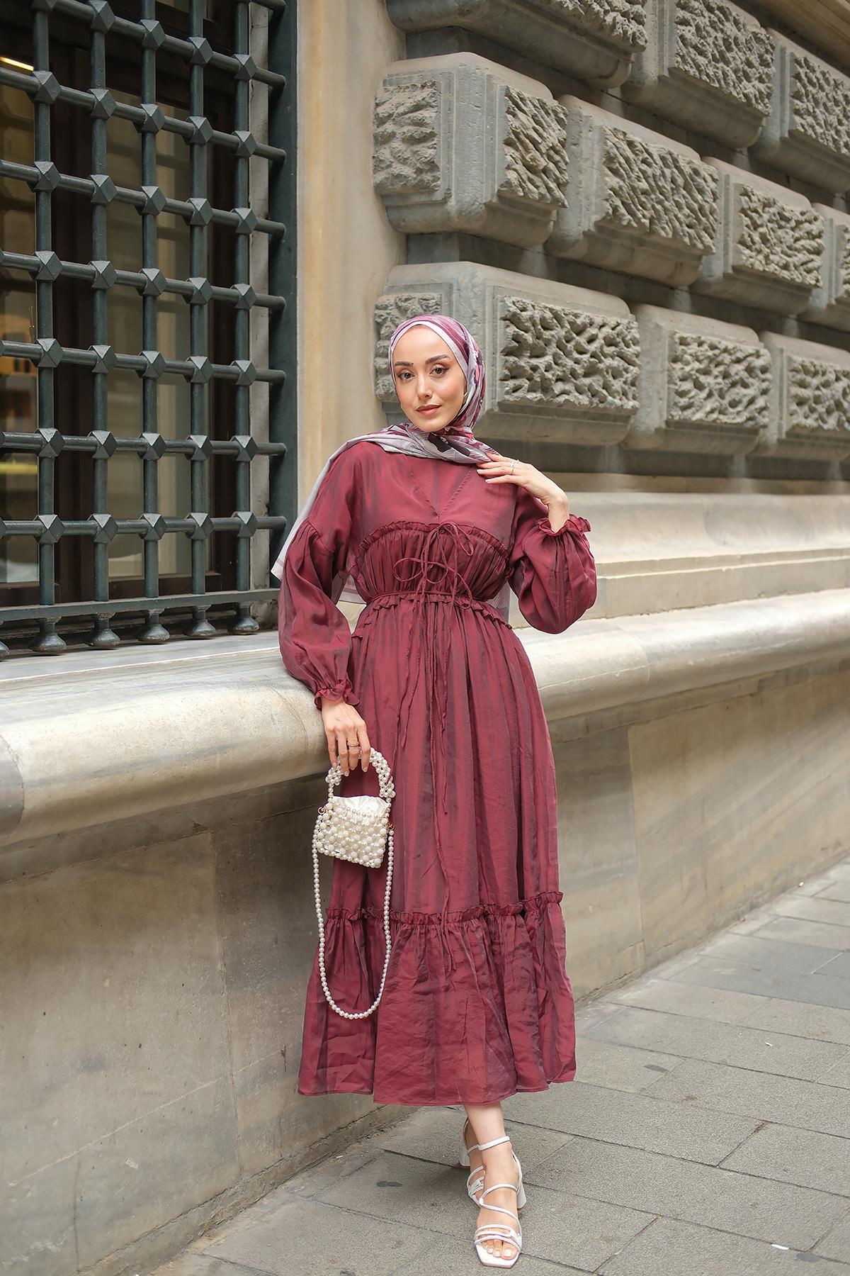 V Detay Tül Elbise Bordo