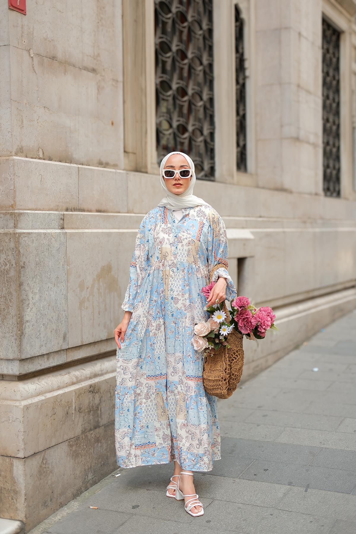 Vintage Çicek Desenli Elbise Bebe Mavi