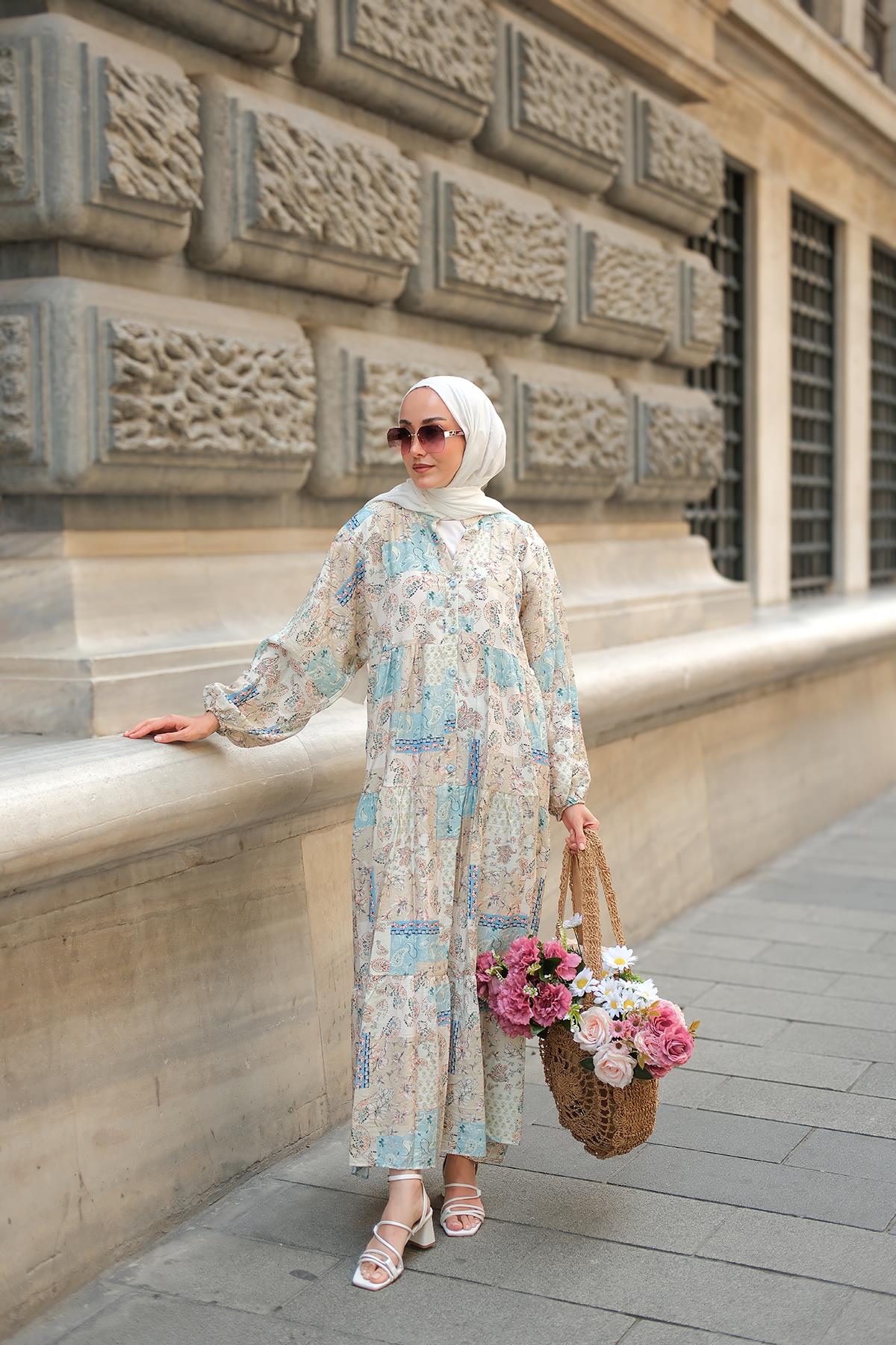 Vintage Çicek Desenli Elbise Mavi