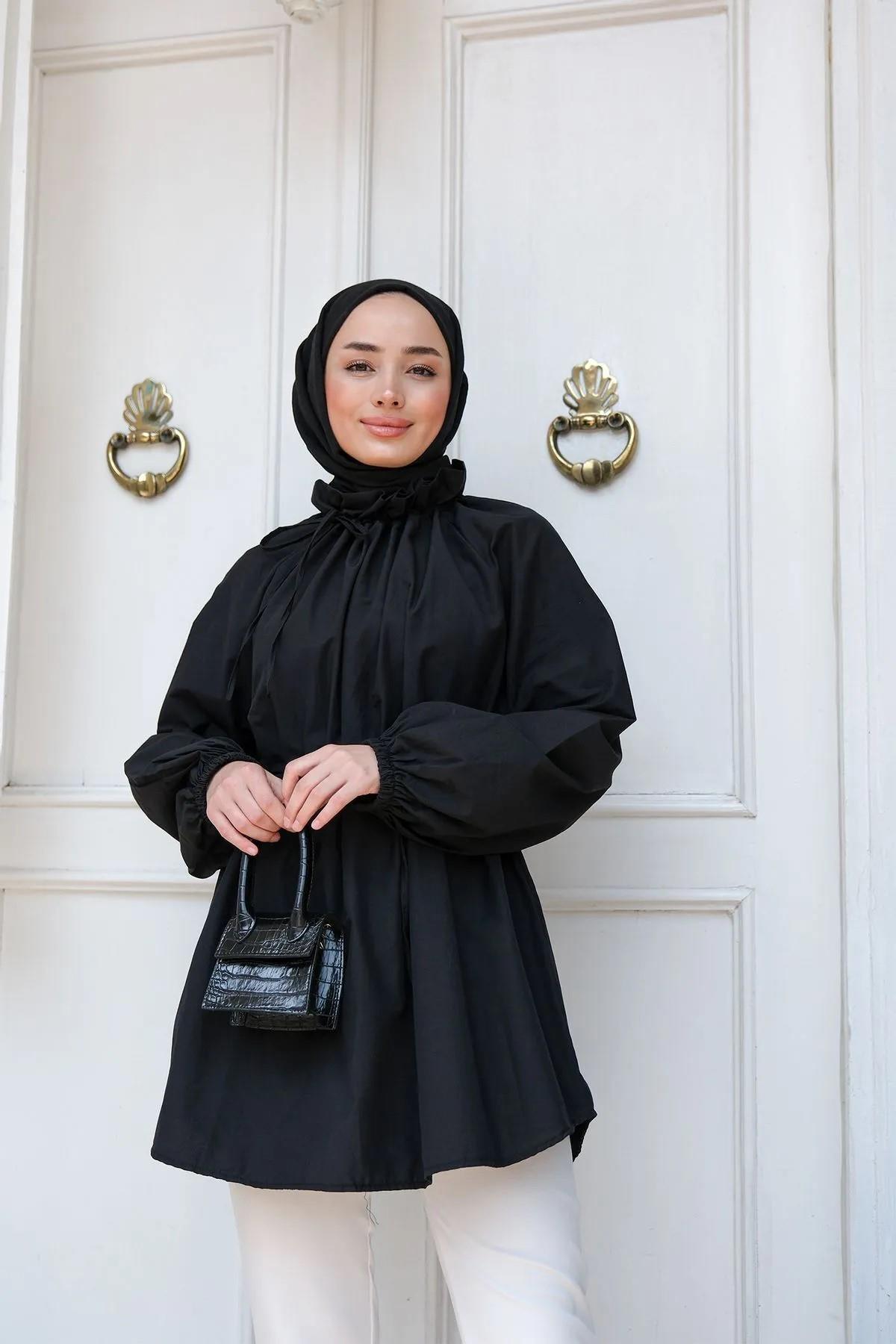 Yaka Büzgülü Bel Bağlamalı Tunik Siyah