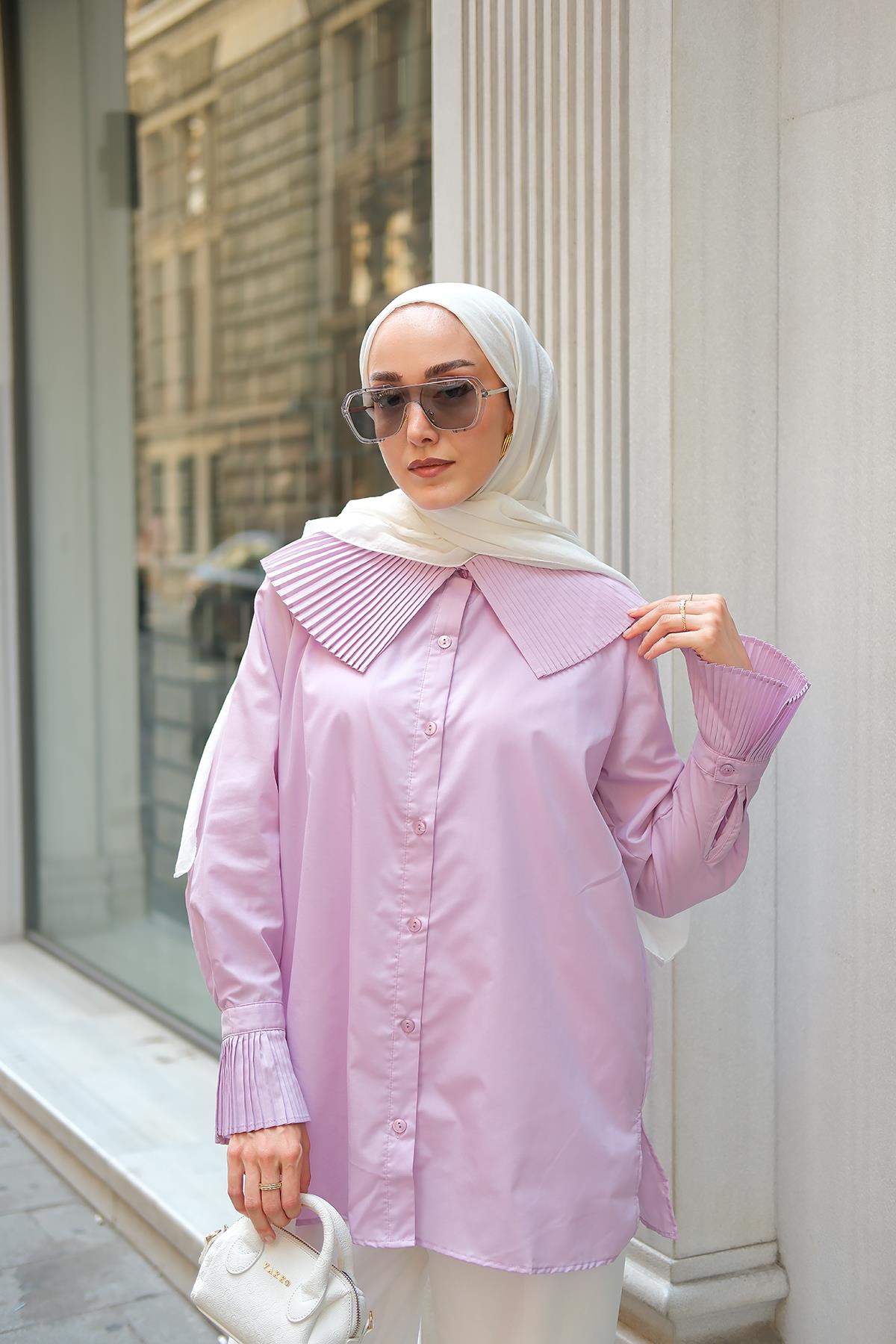 Yaka Ve Kol Pilise Detaylı Gömlek Lila