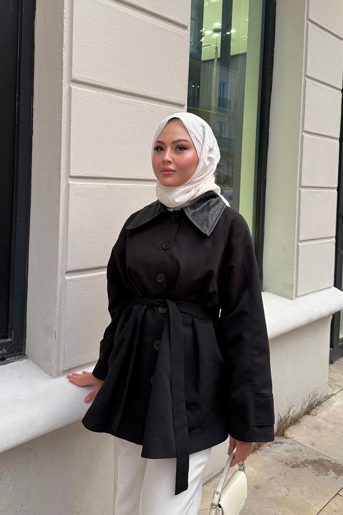 Yakası Deri Trenç Siyah