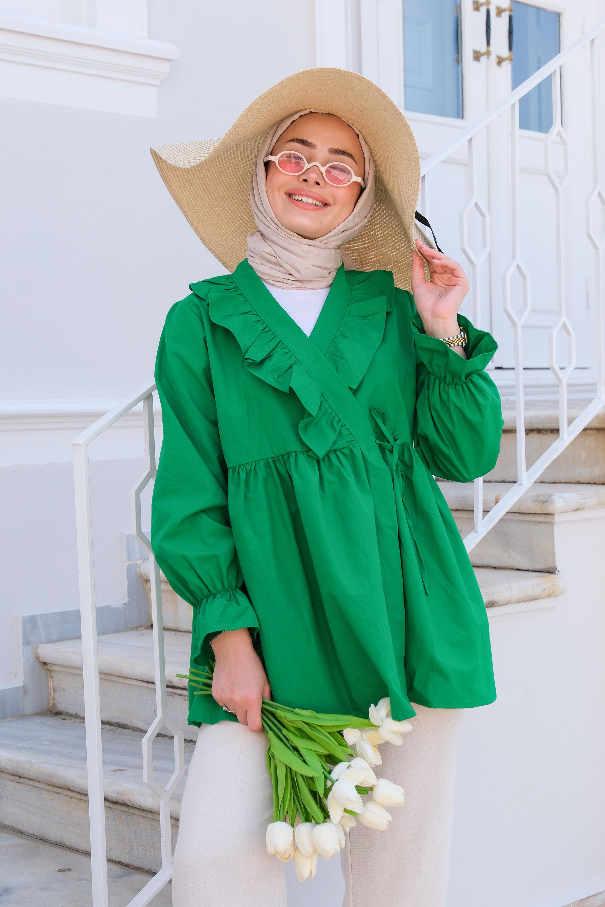 YAN BAGLAMALI FIRFIR DETAY TUNIK YESIL