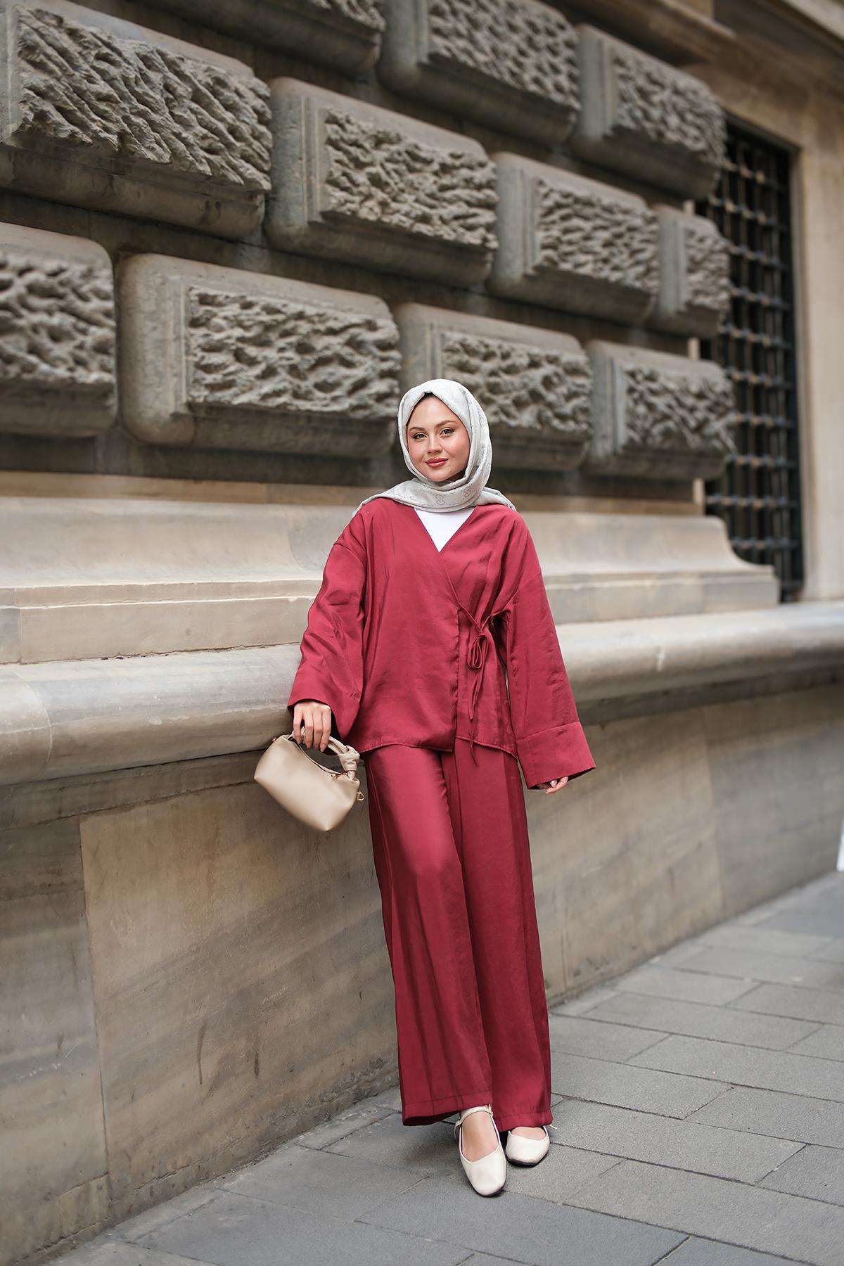 Yan Bağlamalı İkili Kimono Takım Bordo