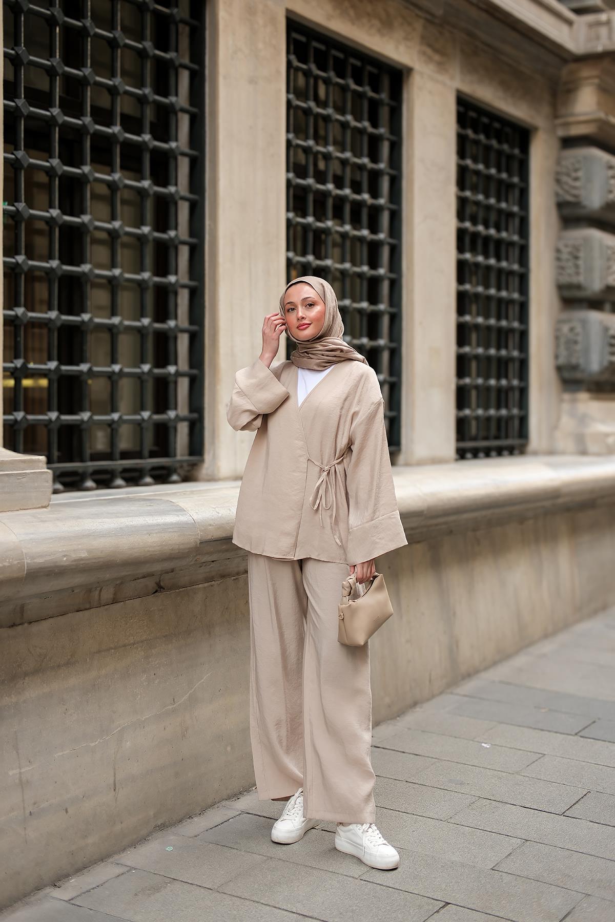 Yan Bağlamalı İkili Kimono Takım Krem