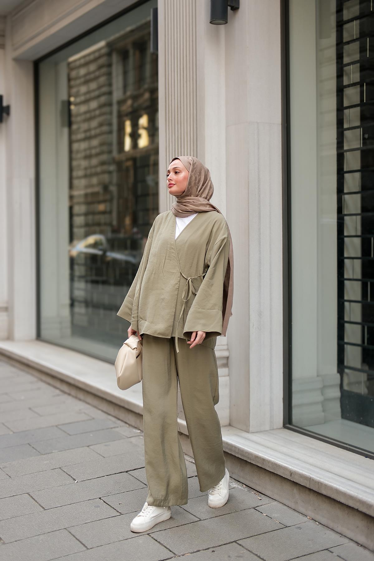 Yan Bağlamalı İkili Kimono Takım Mint Yeşil