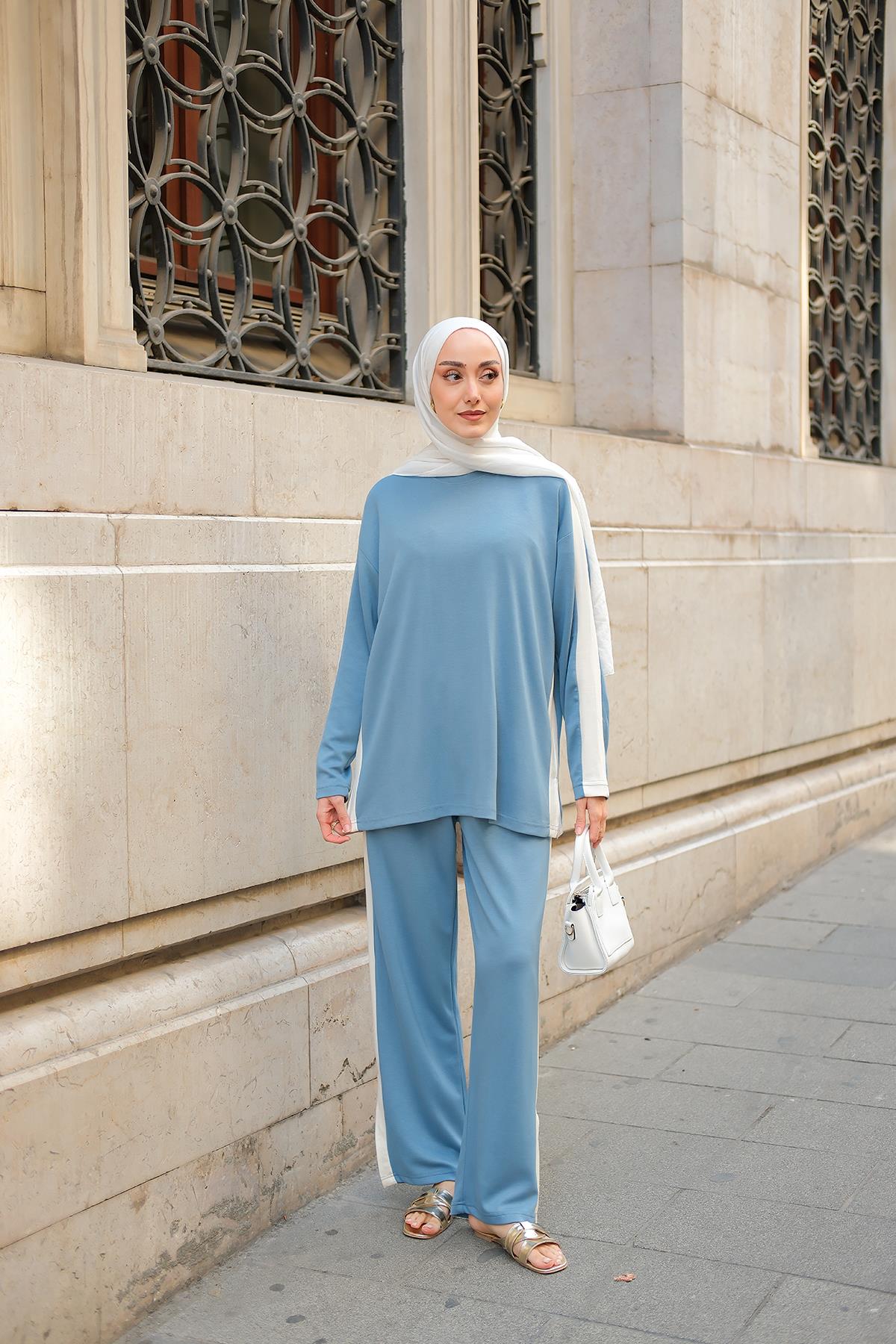 Yan Şerit Detay İkili Takım Açık Mavi