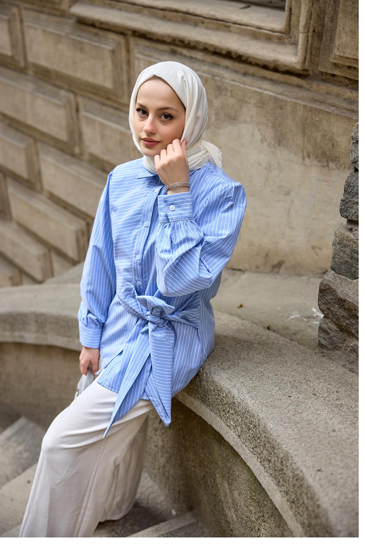 Yandan Bağlamalı Kalın Çizgili Gömlek Mavi