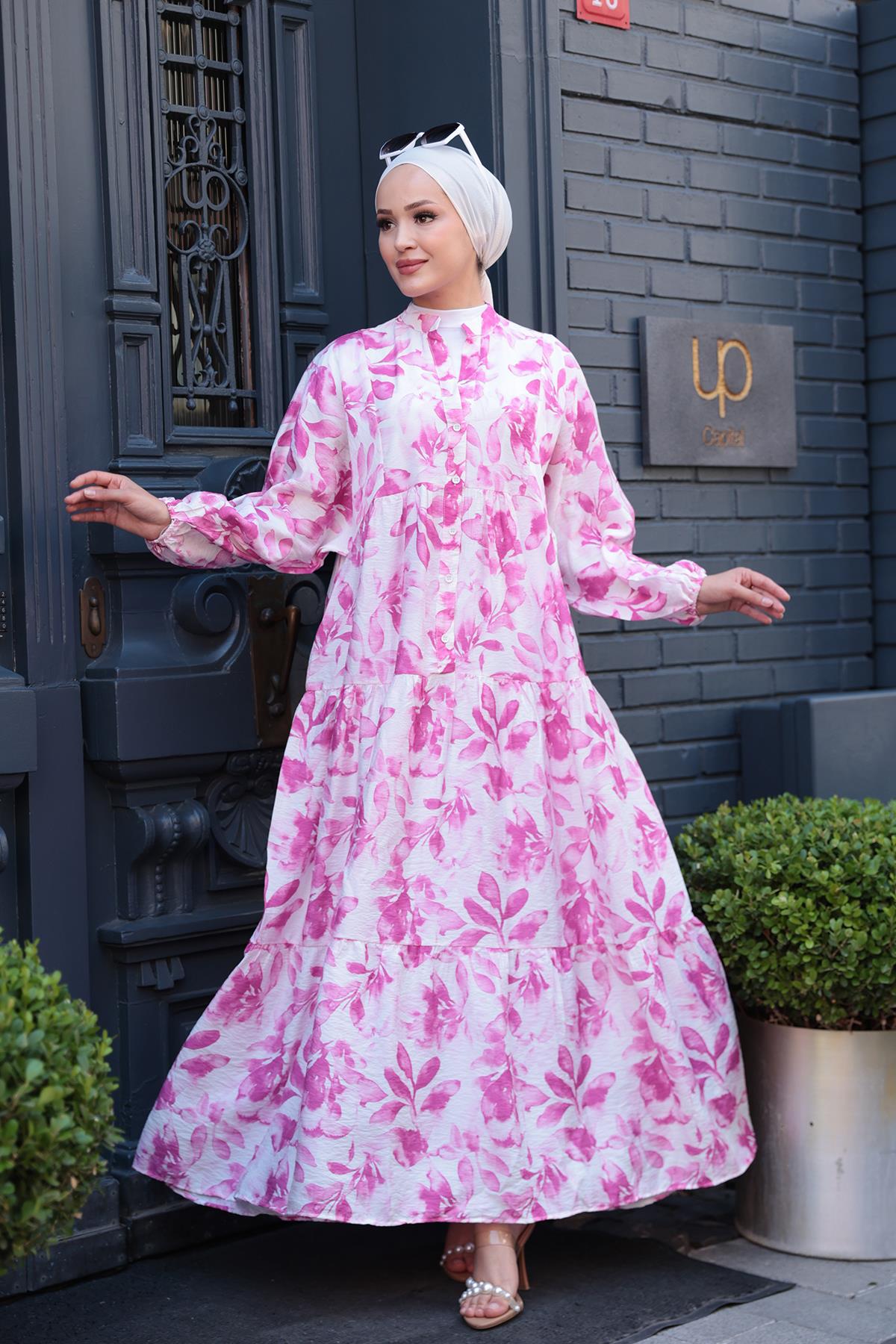 Yapraklı Soyut Desen Elbise Pembe