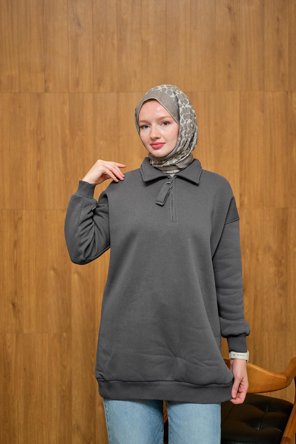 Yarım Fermuar Detay Sweat Füme