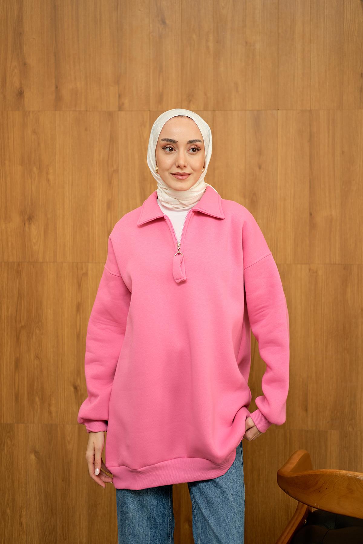 Yarım Fermuar Detay Sweat Pembe