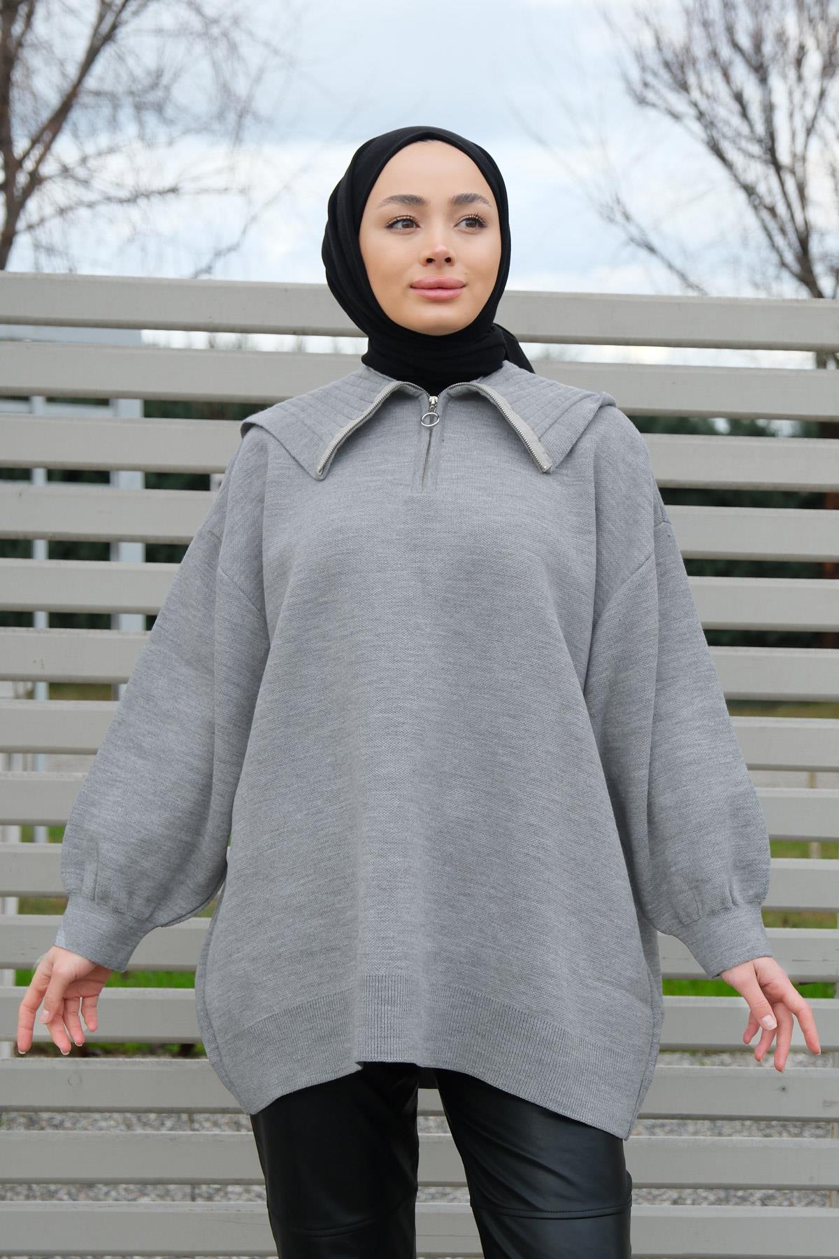 Yarım Fermuarlı Polo Yaka Triko Tunik Gri