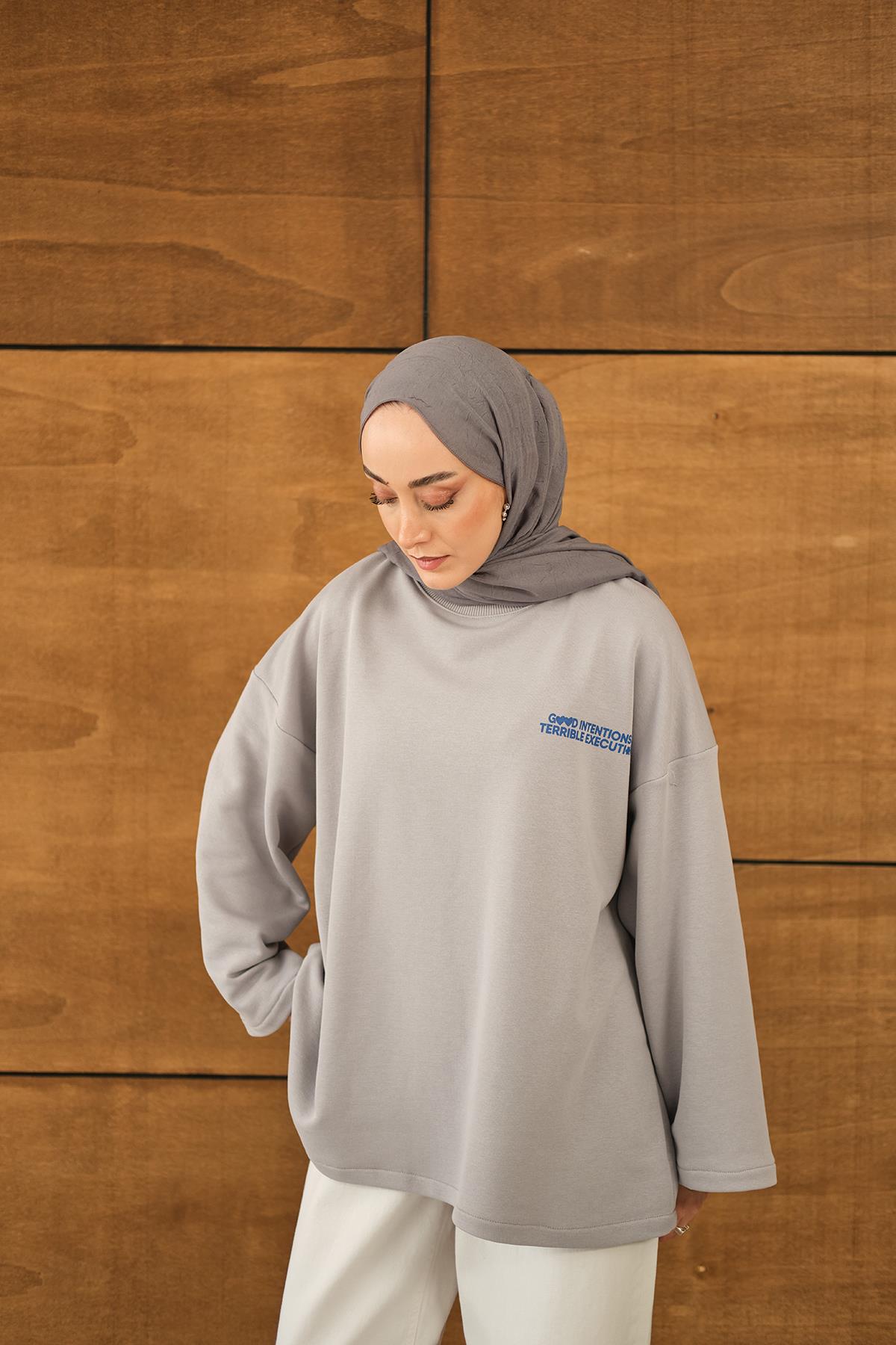 Yazı Baskılı Sweat Gri