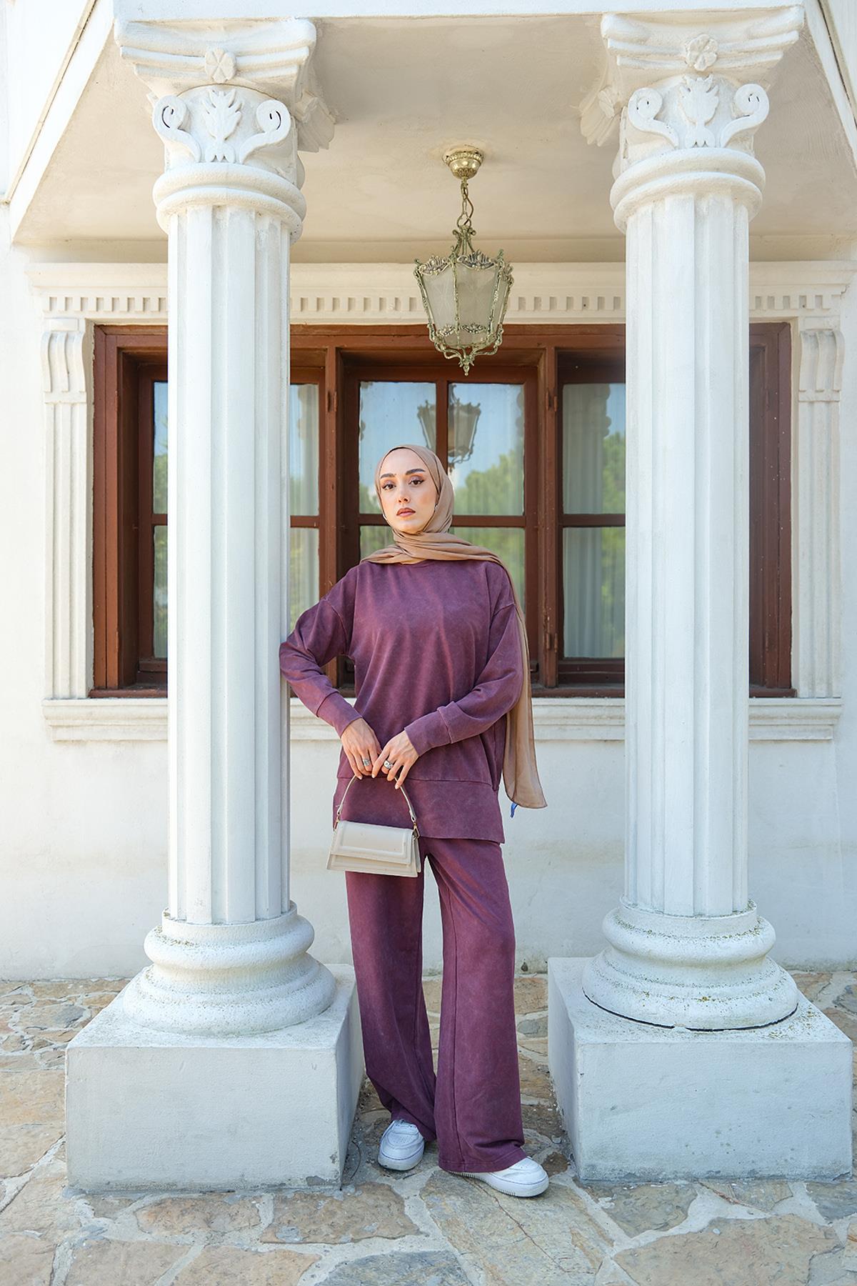 Yırtmaç Detay Yıkama Takım Bordo