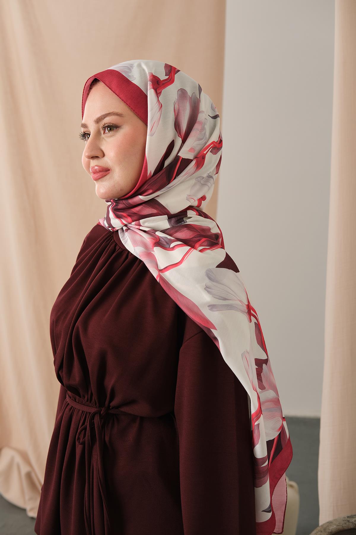 Zambak Desenli Soft Şal Bordo