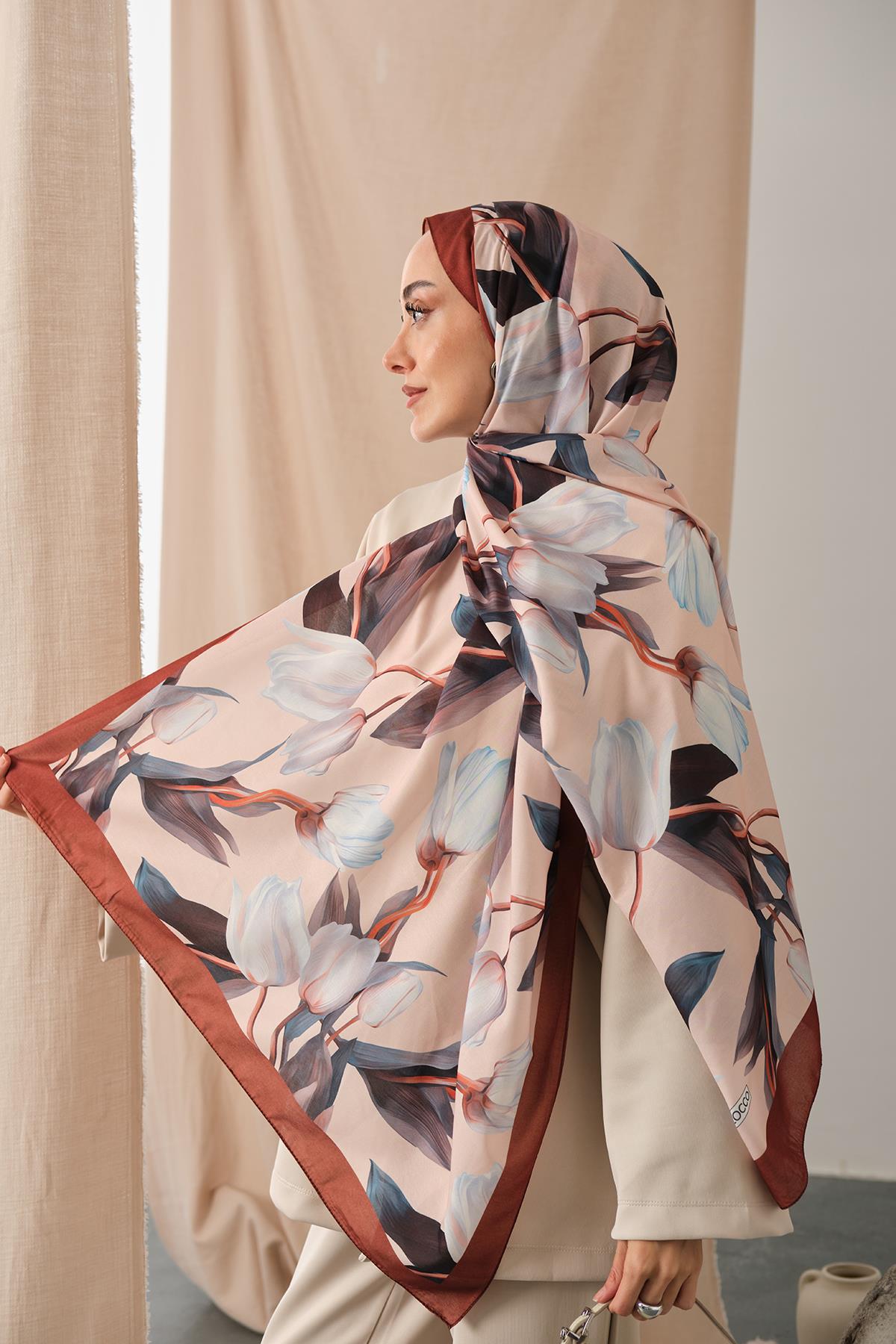 Zambak Desenli Soft Şal Kahve