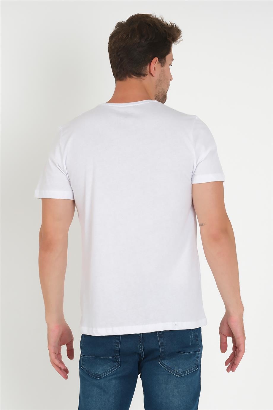 Erkek Cep Baskılı Düz Renk Tişört 3022 - Beyaz - Bisiklet yaka baskılı  tişört