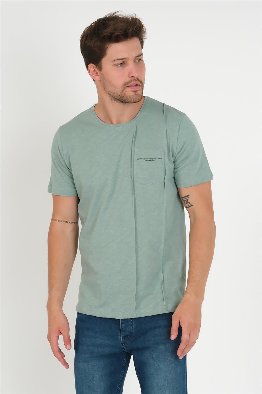 Erkek Cep Baskılı Düz Renk Tişört 3022 - Duman - Bisiklet yaka baskılı  tişört