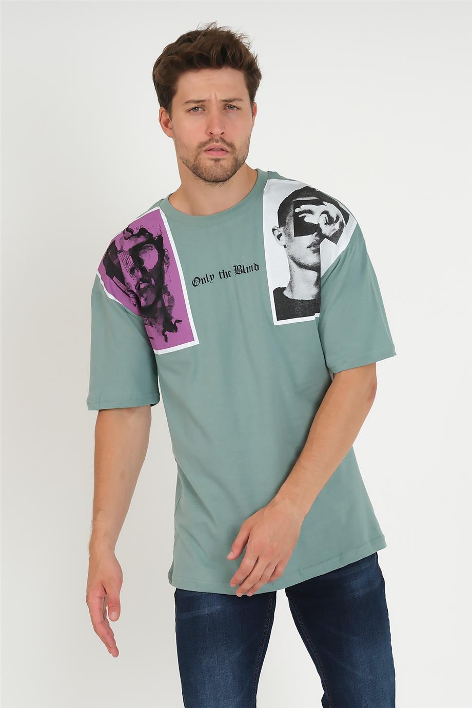 Erkek Onle The Blind Baskılı Tişört 3012 - Mint - Baskılı bisiklet yaka  oversıze tişört