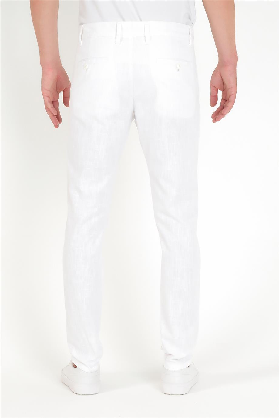 Oscar J07 00 Erkek Keten Pantolon Rodrigo - Beyaz - Normal bel standart  kalıp keten pantolon