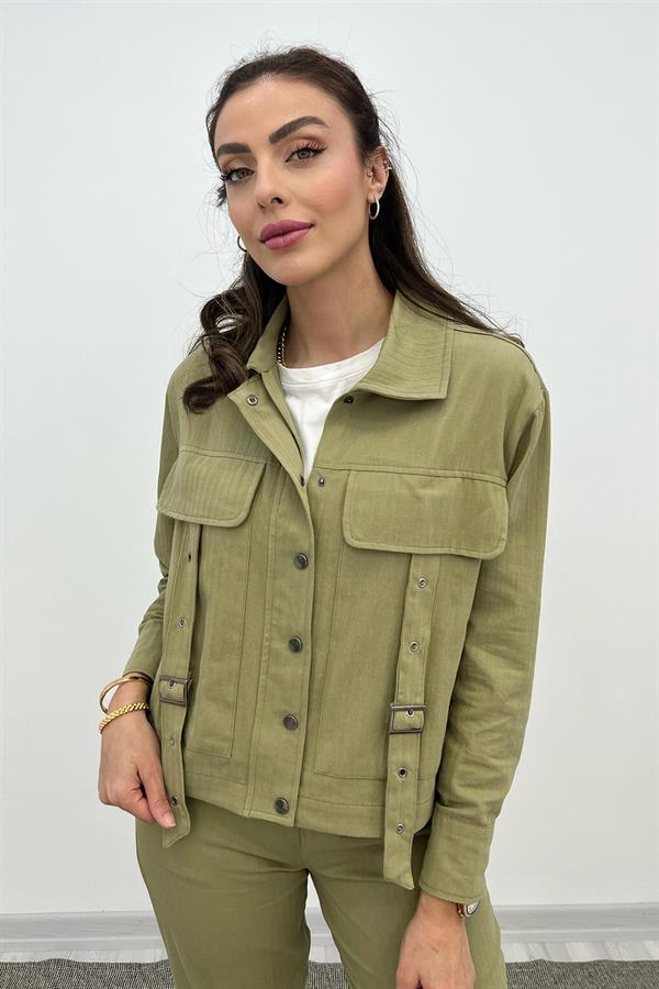 Kadın Kemer Detaylı Pamuklu Ceket Haki Yeşil