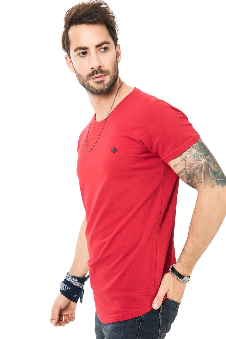 Bisiklet Yaka Kendinden Çizgili Tshirt