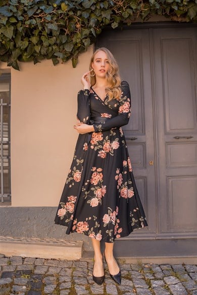 Gül Desen Siyah Kemer Elbise - SİYAH