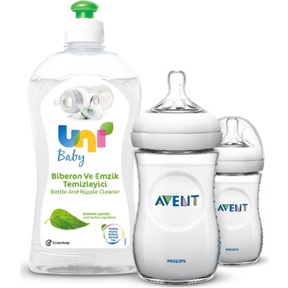 Philips Avent SCF693/27 Natural PP Biberon 260 ml 2'li  Uni Baby Biberon Emzik Temizleyici 500 ml Hediyeli !