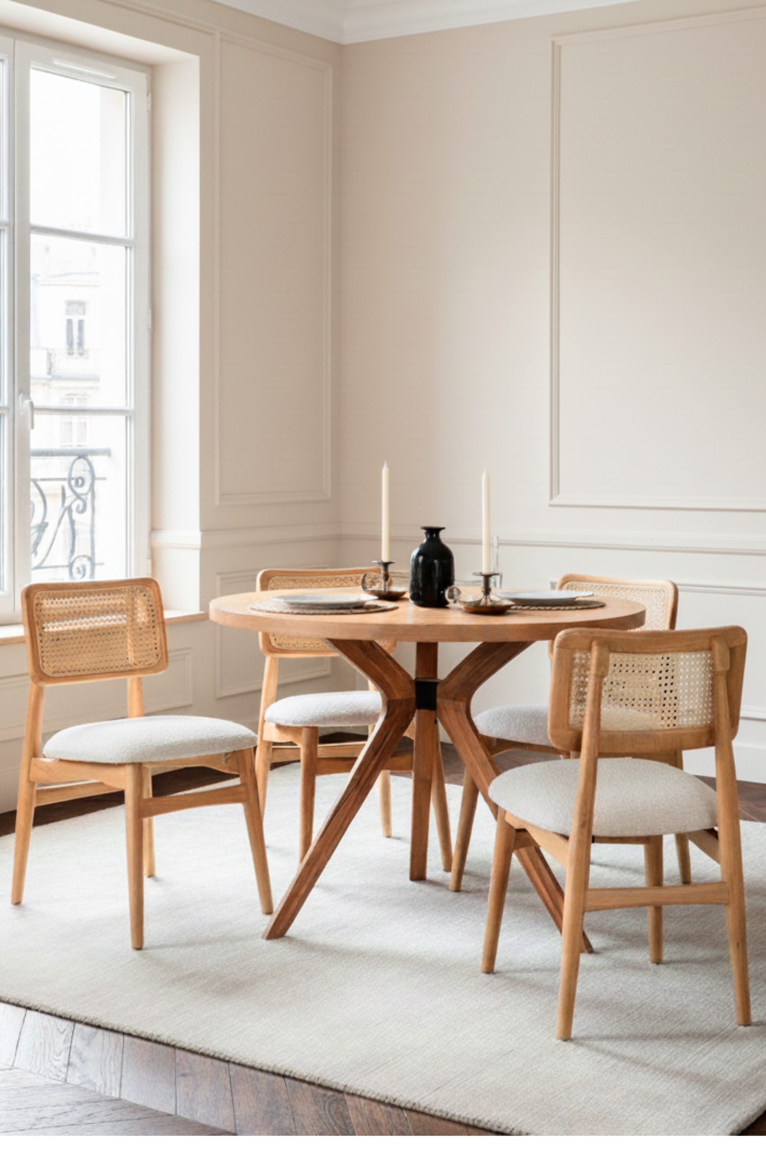  Woodenbend Milano Yuvarlak Natural 100 cm Ahşap Yemek Masası Takımı – Hazeran Sandalyeli 4 Kişilik Masa Seti