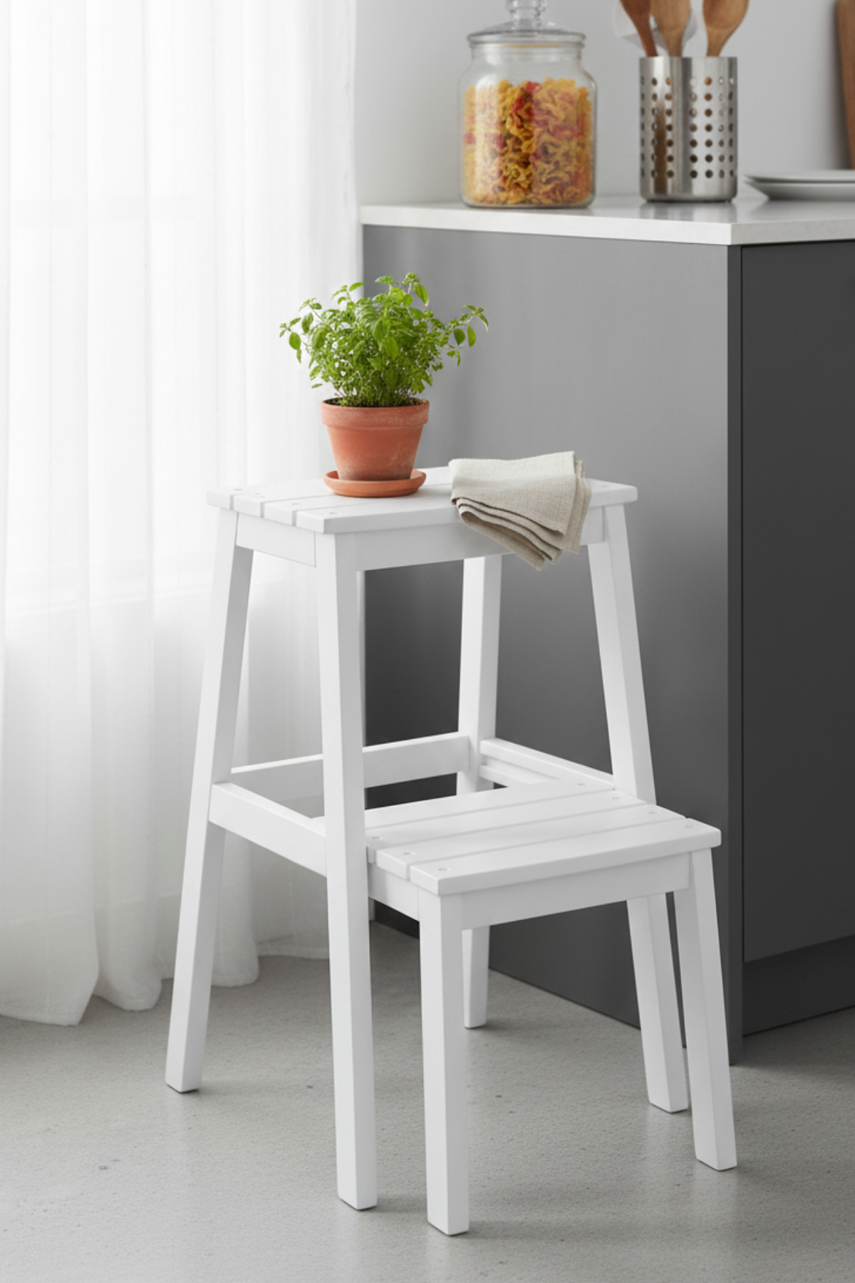 Bianco Beyaz Mat Merdiven Tabure  – Modern Dekoratif Basamaklı Tabure, Çok Amaçlı 36x40x58 cm 