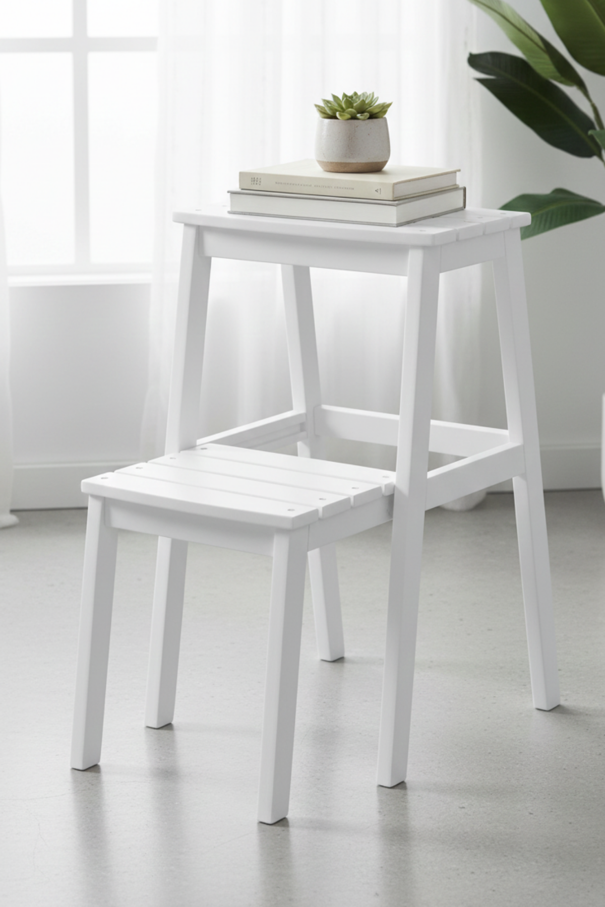 Bianco Beyaz Mat Merdiven Tabure  – Modern Dekoratif Basamaklı Tabure, Çok Amaçlı 36x40x58 cm 