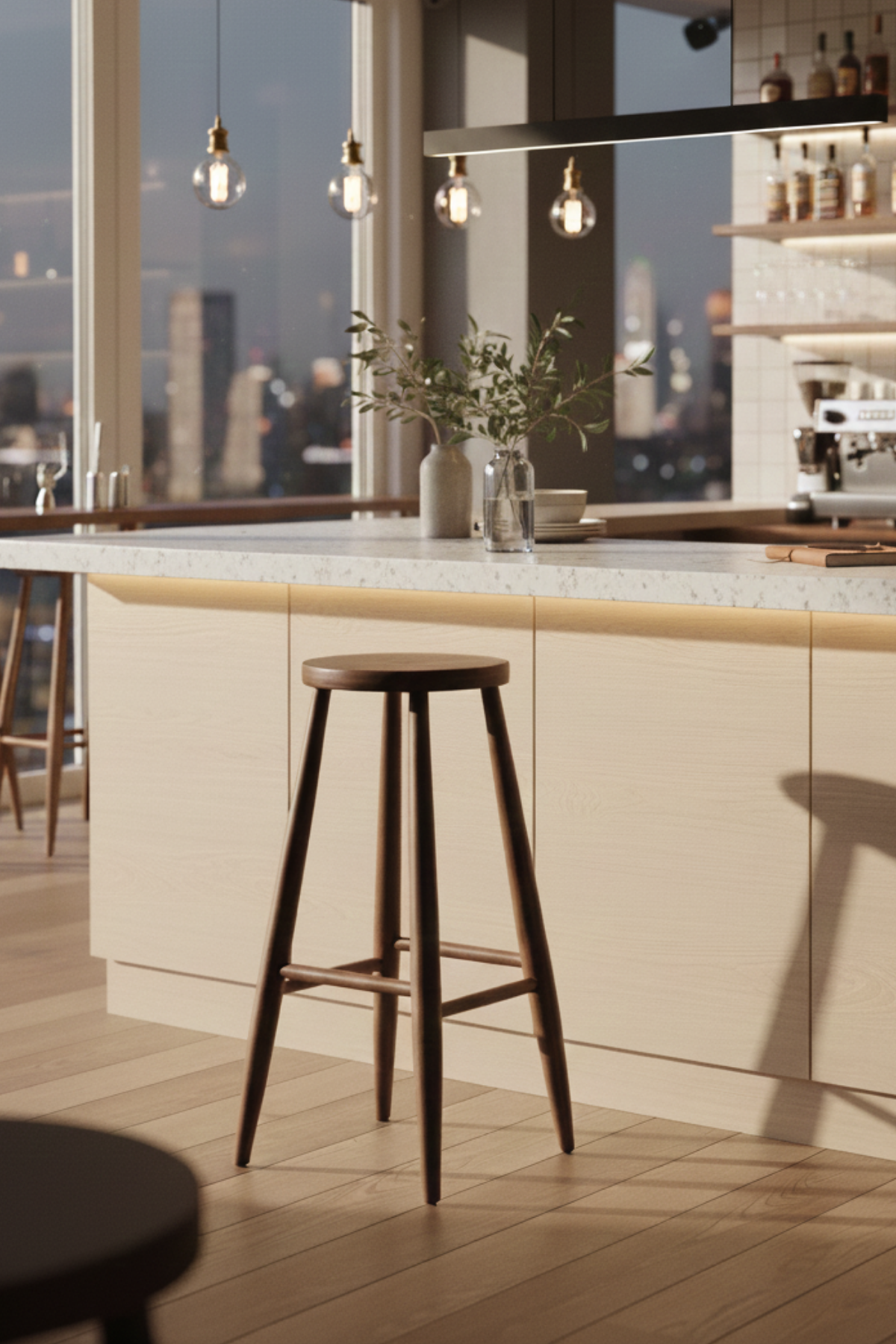 Laura Bar Taburesi Ceviz Rengi Kayın Ağacı İskandinav Modern Country Tarz Bar Sandalyesi | Doğal Ahşap