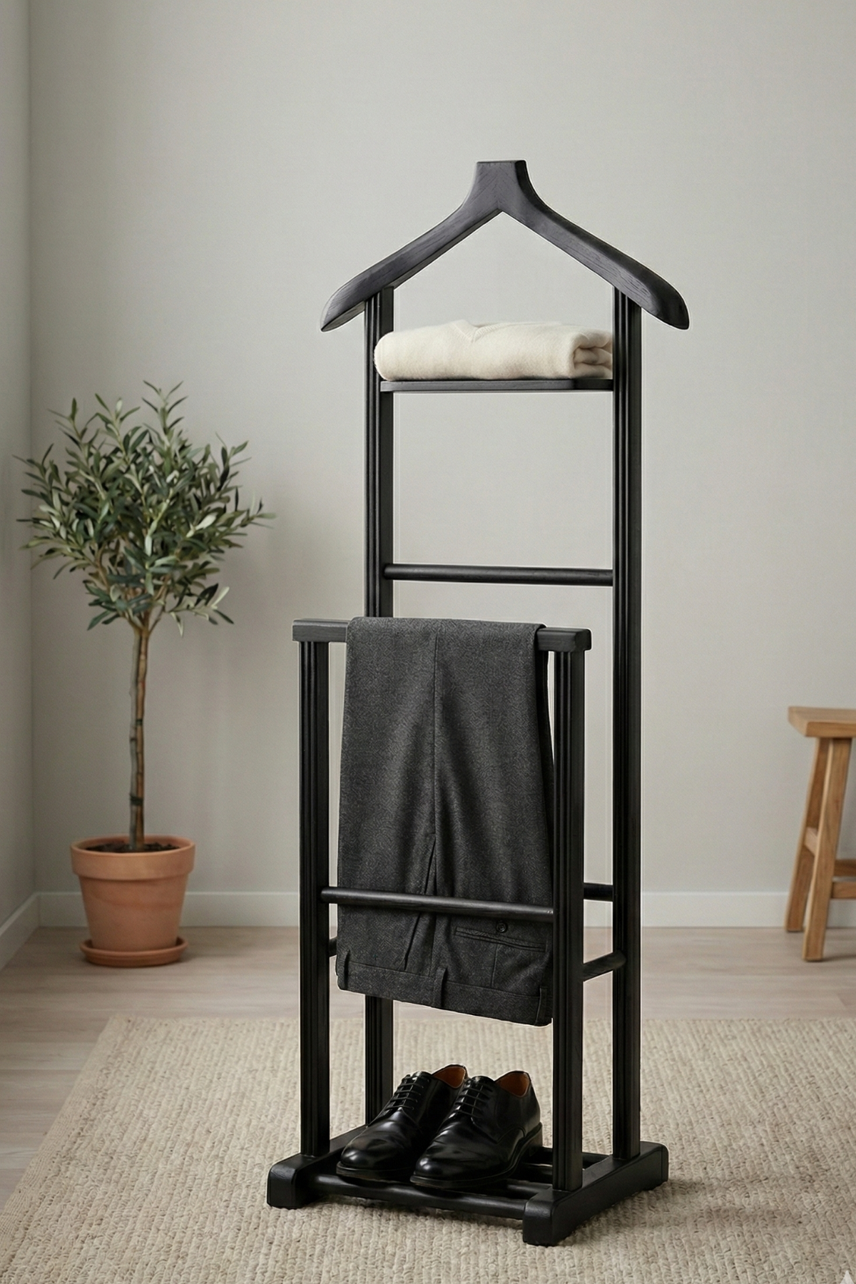 Servant Siyah Çiftli Dilsiz Uşak 50x34x130 cm Ahşap Elbise & Ceket Askılığı – 