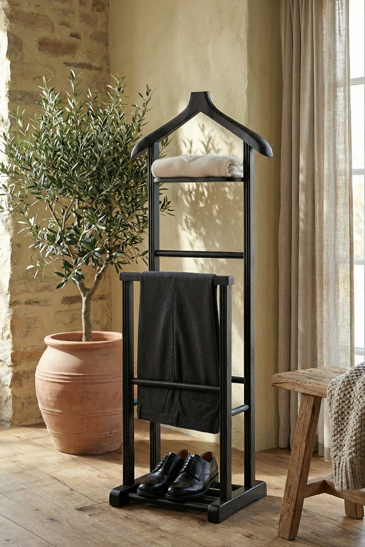 Servant Siyah Çiftli Dilsiz Uşak 50x34x130 cm Ahşap Elbise & Ceket Askılığı – 