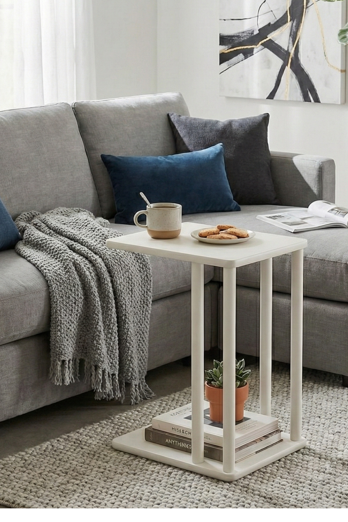 Sofia Lake Beyaz C Sehpa – Modern İskandinav Tarzı, Tekerlekli MDF Lake Boya Yan Sehpa (34x44x54 cm)