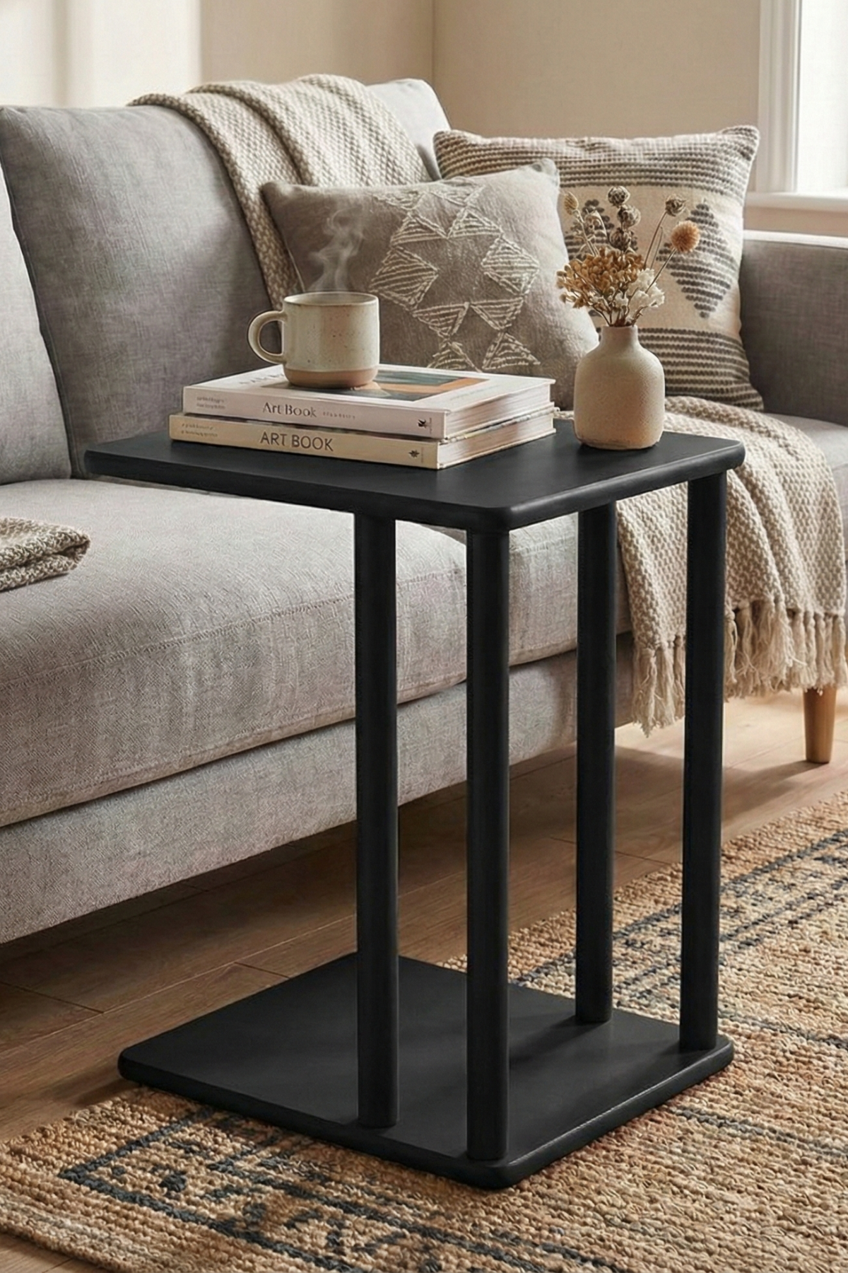 Sofia Lake Mat Siyah C Sehpa – Modern İskandinav Tasarım, Tekerlekli Yan Sehpa, (34x44x54 cm)