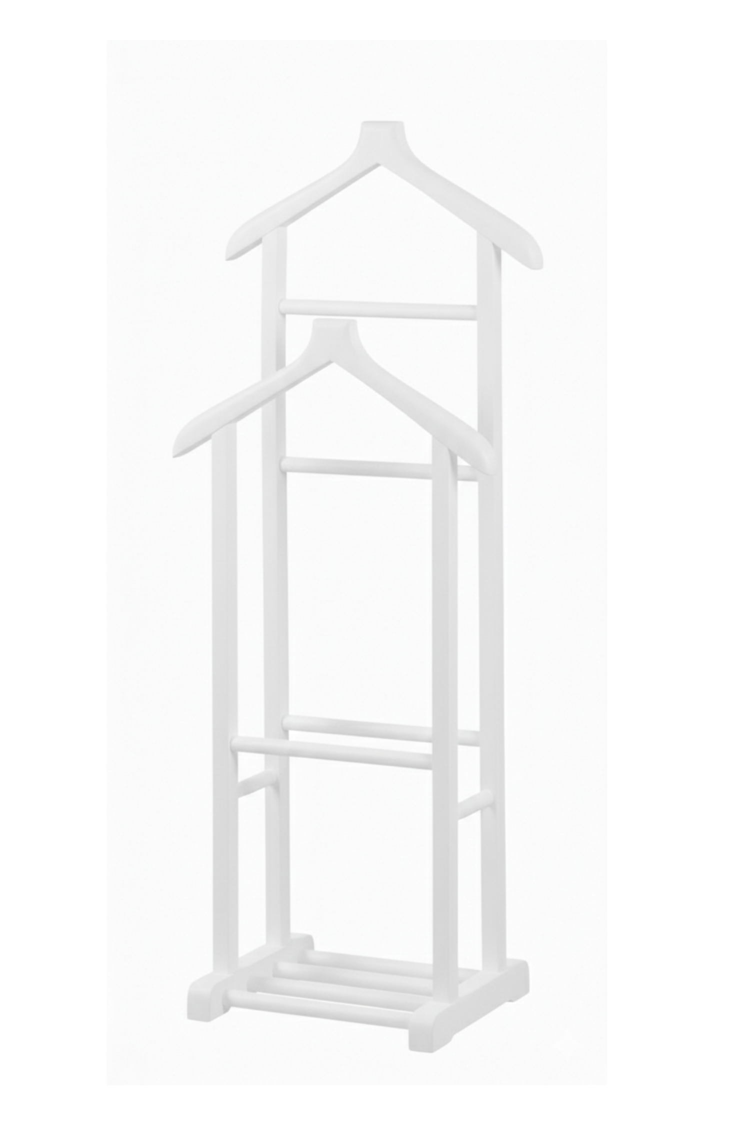 Stone Çift Tepeli Dilsiz Uşak Beyaz – Masif Kayın Ağacı Lake Boya Modern Elbise Askılığı & Şık Ceket Pantolon Standı (130x50x34 cm)